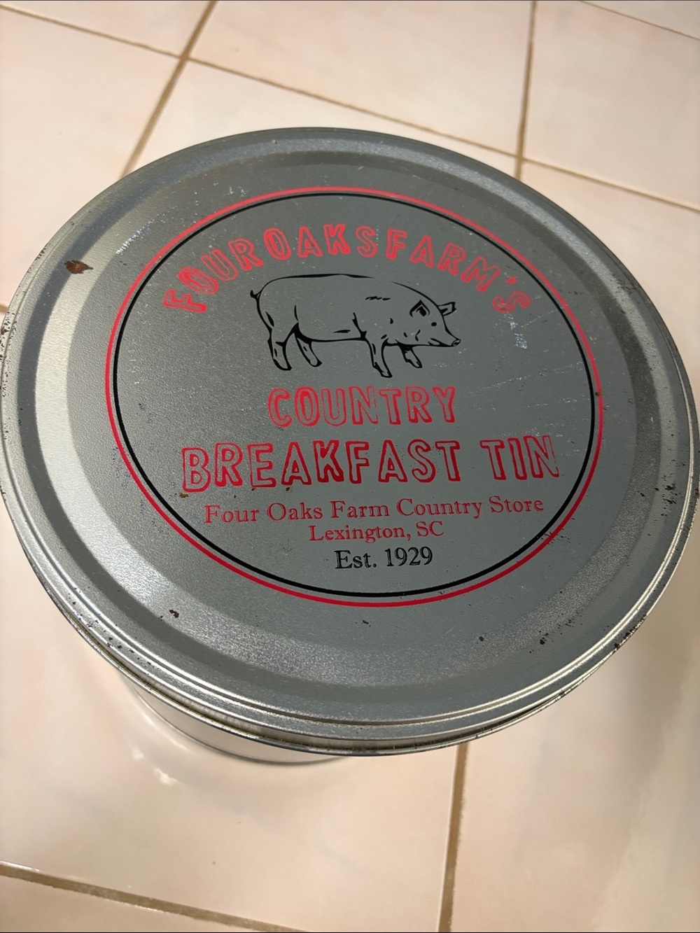 Vintage Country Breakfast Tin - Silver with Red Accent